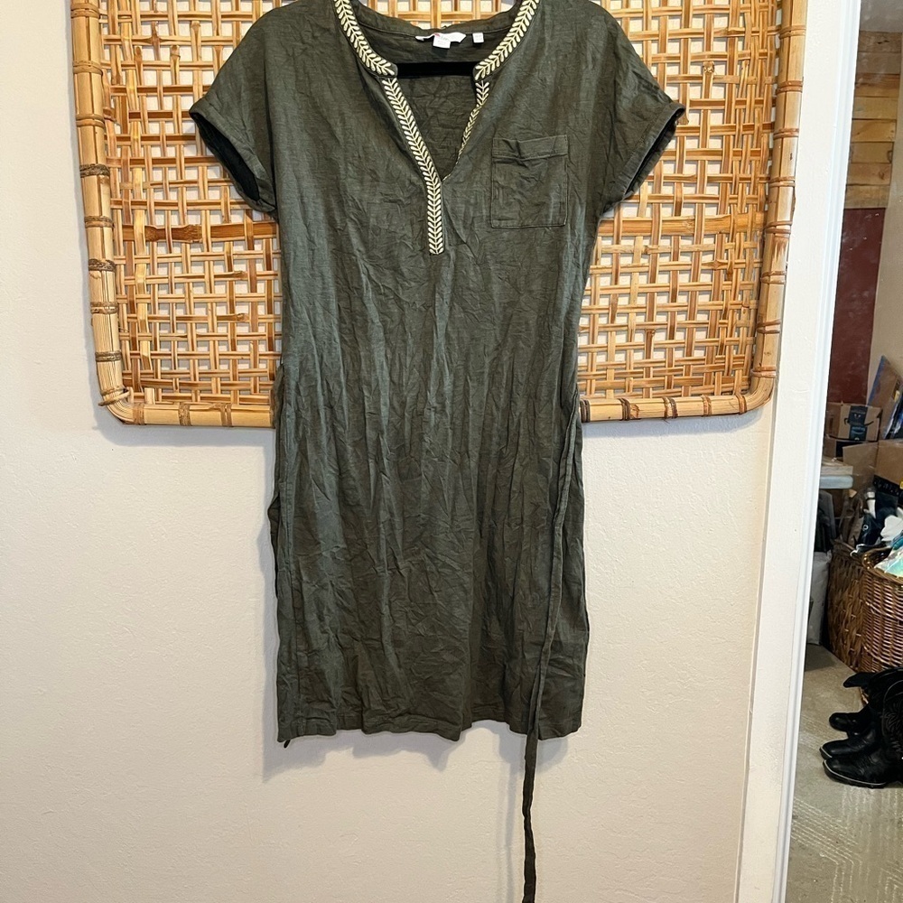 Boden Army Olive Green Gold Dora Embroidered Tie Waist Jersey Dress Size 2R - Picture 6 of 14